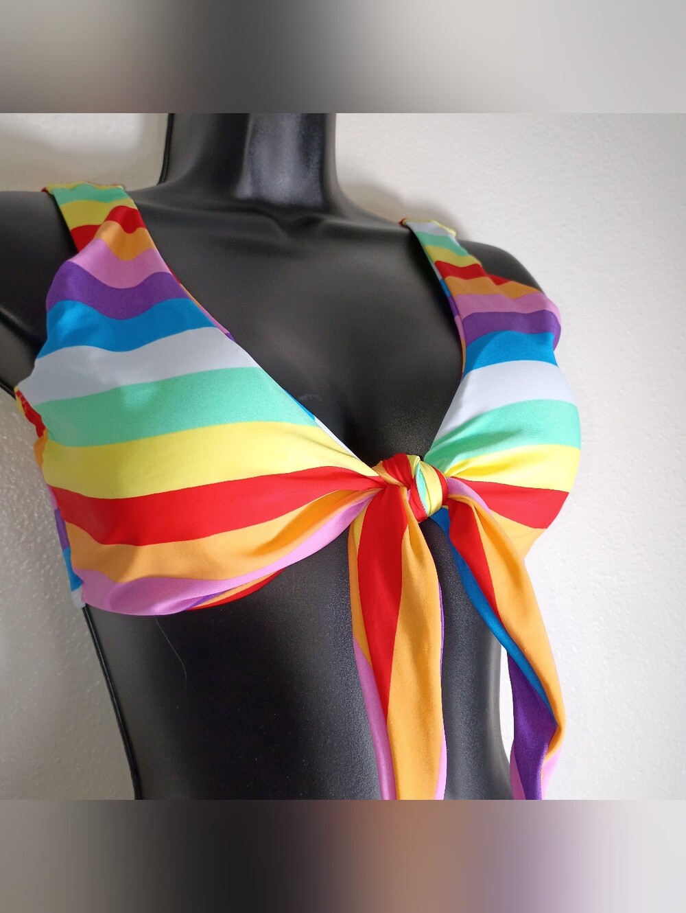 Bright Rainbow Striped Tie-Front High Waist Full Bikini Bottom Set- Size Small - Picture 3 of 11